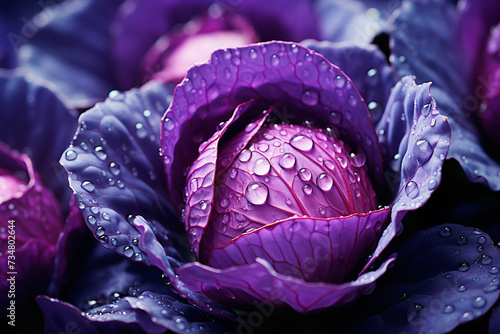 Red cabbage with water drops close-up in the field