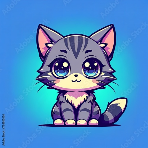 Adorable Cartoon Cat or Fox with Big Sparkling Eyes  Anime style on a Vibrant Background. Cute and funny