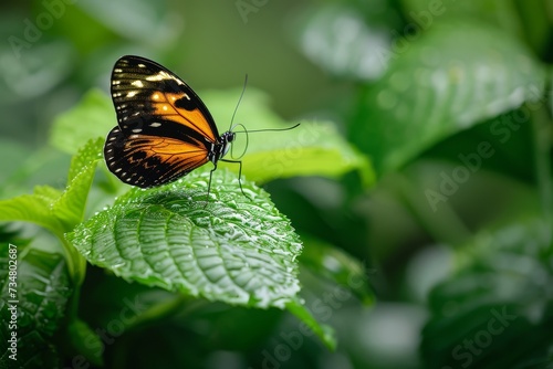 A vibrant orange and black butterfly rests on a fresh green leaf.