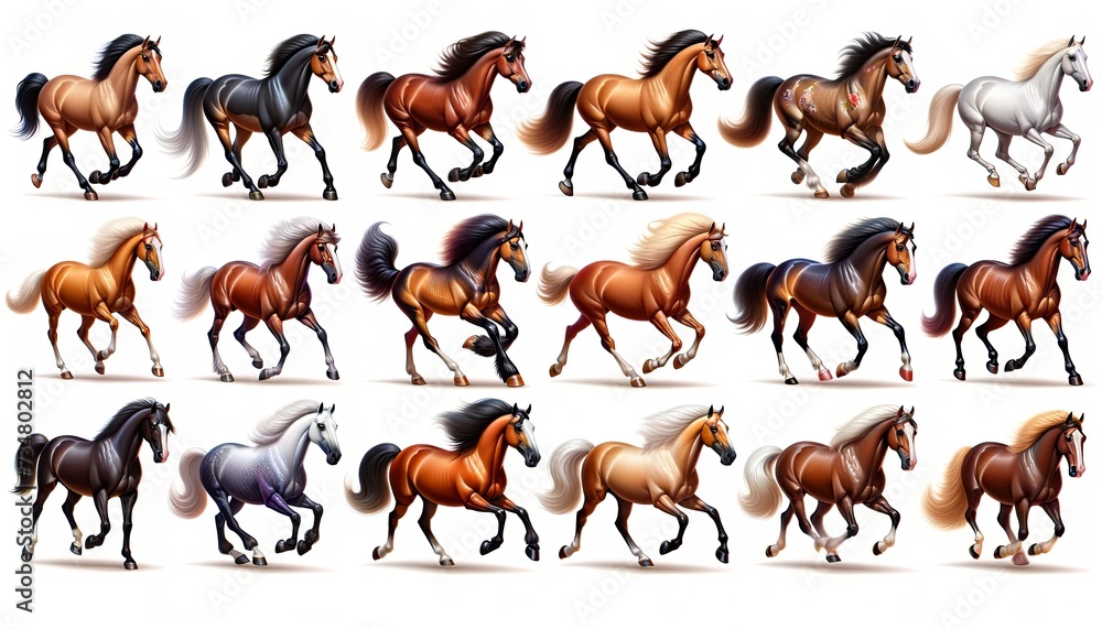 Obraz premium A set of horses icons, designed in a highly realistic emoji style.Majestic Collection of Realistic Horse Emojis Gallop with Elegance, Featuring a Spectrum of Breeds and Colors.
