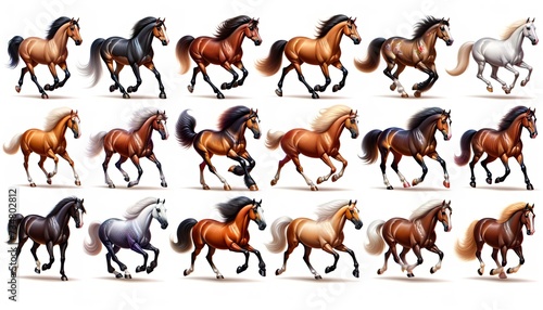 A set of horses icons, designed in a highly realistic emoji style.Majestic Collection of Realistic Horse Emojis Gallop with Elegance, Featuring a Spectrum of Breeds and Colors.