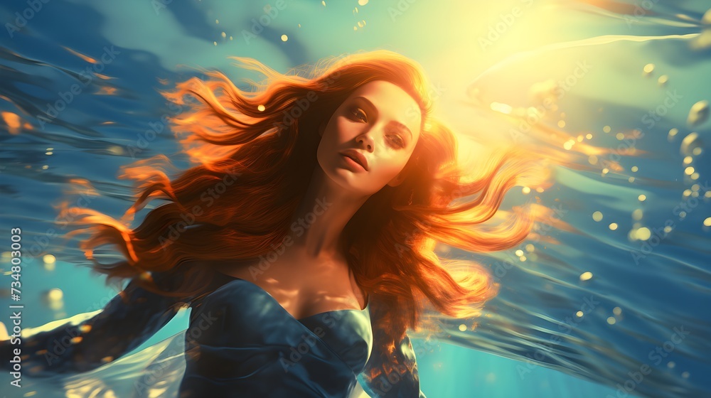 a woman in water with shining hair and beautiful face 