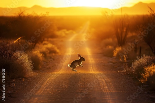 jackrabbit bounding across a narrow dirt road at sunset