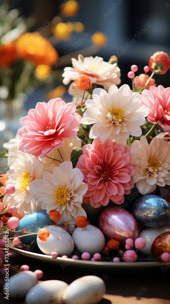 A beautifully crafted Easter themed centerpiece with fresh flowers. A beautifully crafted Easter themed centerpiece with fresh flowers.