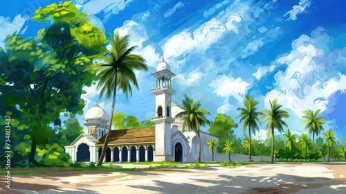 watercolor traditional indonesian mosque ancient drawing loop video of cloudy sky from village mosque with coconut tree forest islamic opening video photo