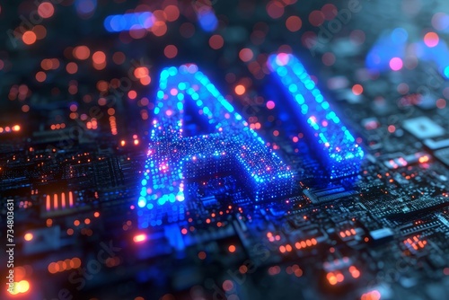Artificial intelligence concept with AI text in neon lights on a circuit board.