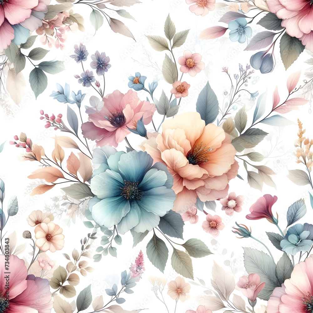 Seamless pattern with watercolor flowers. Illustration. Handmade.
