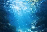Illustrated underwater scene with sunbeams and marine life