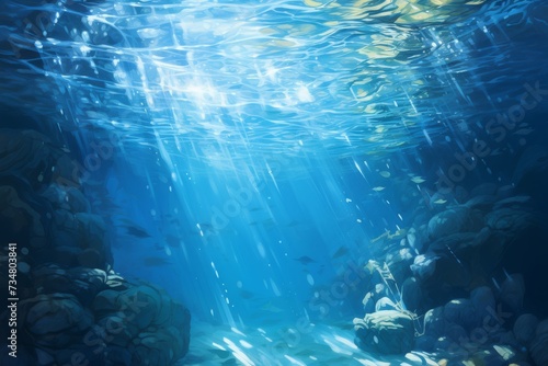 Illustrated underwater scene with sunbeams and marine life © GreenMOM