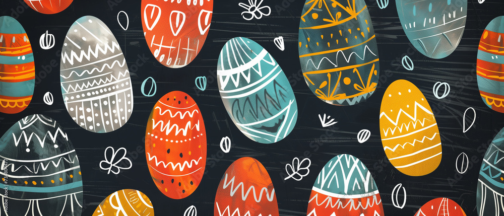 Horizontal Easter doodle floral pattern, Scandinavian art Horizontal Easter doodle floral pattern, Scandinavian art