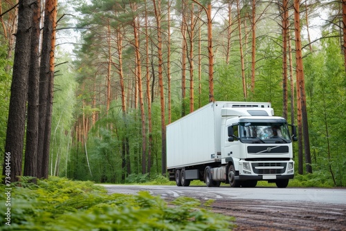 transportation concept, white truck on urgent delivery in highway winding through forested landscape