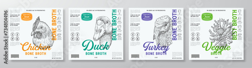 Bone Broth Label Templates Set. Abstract Vector Food Packaging Design Layouts Collection. Poultry Vegetables Modern Natural Diet Soup Product Backgrounds with Engraved Style Drawings Isolated