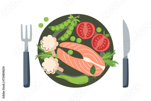 Plate with food in flat style isolated on white background. Food concept. Menu concept. Healthy eating concept.