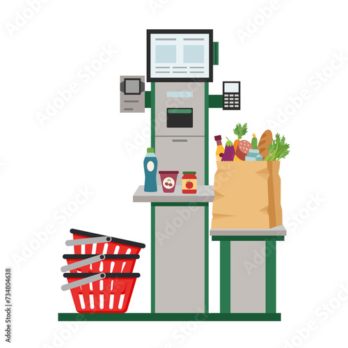 Self service checkout with shopping bag full of food and shopping baskets in the supermarket isolated on white. Self service and self payment terminal. Contactless payment.