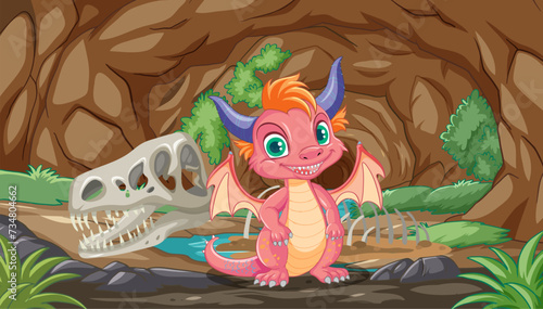 Colorful dragon with dinosaur bones in background