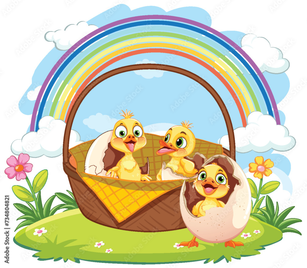 Obraz premium Cute chicks in a basket under a colorful rainbow