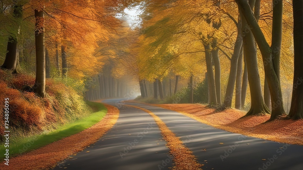 Golden Autumn Drive: A Journey Through a Sunlit Forest Pathway”