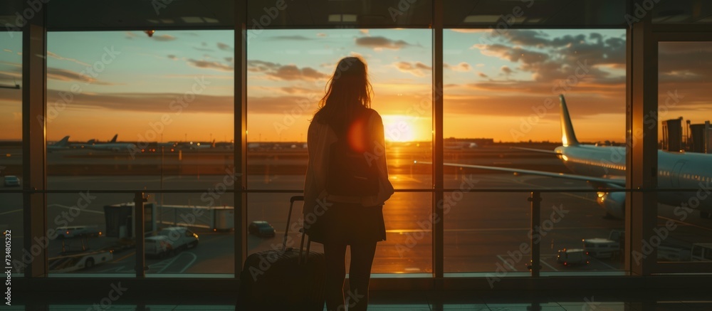 Traveler standing alone with luggage at sunset scene at window of airport. AI generated image
