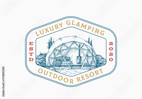 Glamping Recreation Retro Frame Badge Logo Template. Hand Drawn Comfortable Outdoor Tent with Mountains and Forest Landscape Sketch with Typography. Nature Rest Emblem Isolated