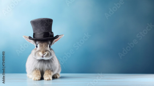 Cute Bunny rabbit wearing a magician's hat while performing in a magic show. Copy space. space for text