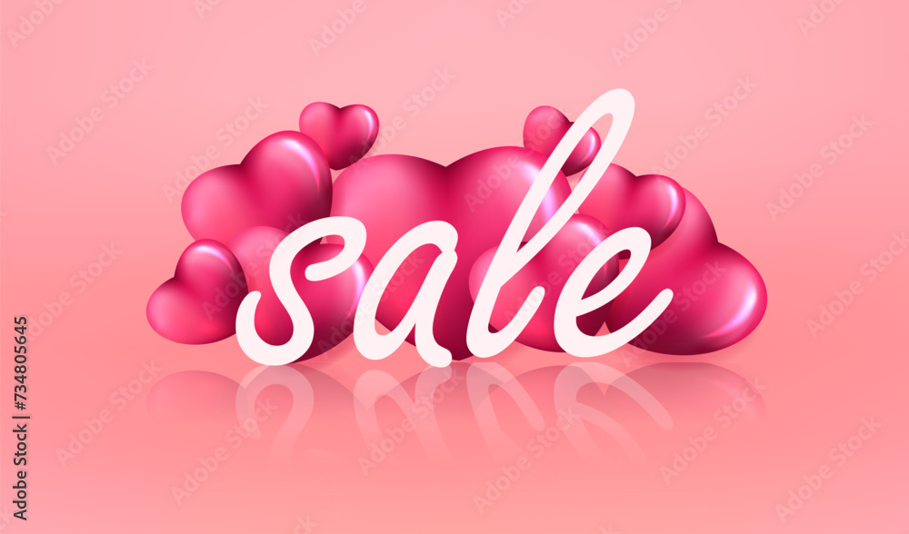 Happy Valentine's Day sale banner vector. Love card on pink background with 3d cartoon red heart. 14 February illustration.	
