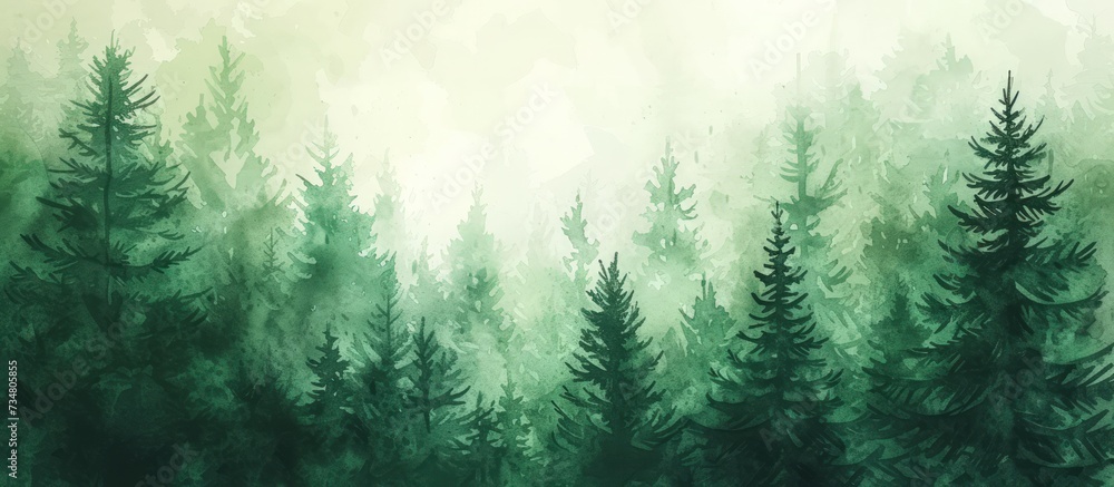 Illustration watercolor of green foggy pine forest fir landscape background. AI generated image - obrazy, fototapety, plakaty 