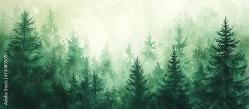 Illustration watercolor of green foggy pine forest fir landscape background. AI generated image