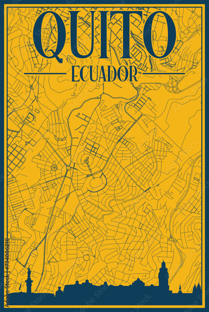 Yellow and blue hand-drawn framed poster of the downtown QUITO, ECUADOR with highlighted vintage city skyline and lettering