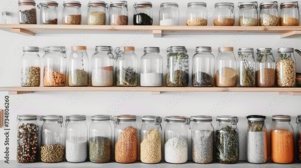  shelves filled with glass jars filled with spices and spices  in kitchen home design