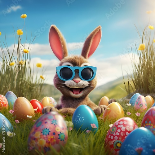 Happy cute Easter bunny with sunglasses is jumpi





