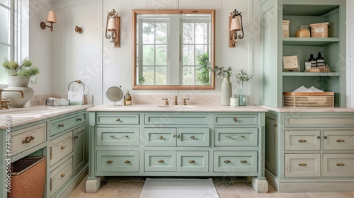  a green bathroom vanity with white cabinets