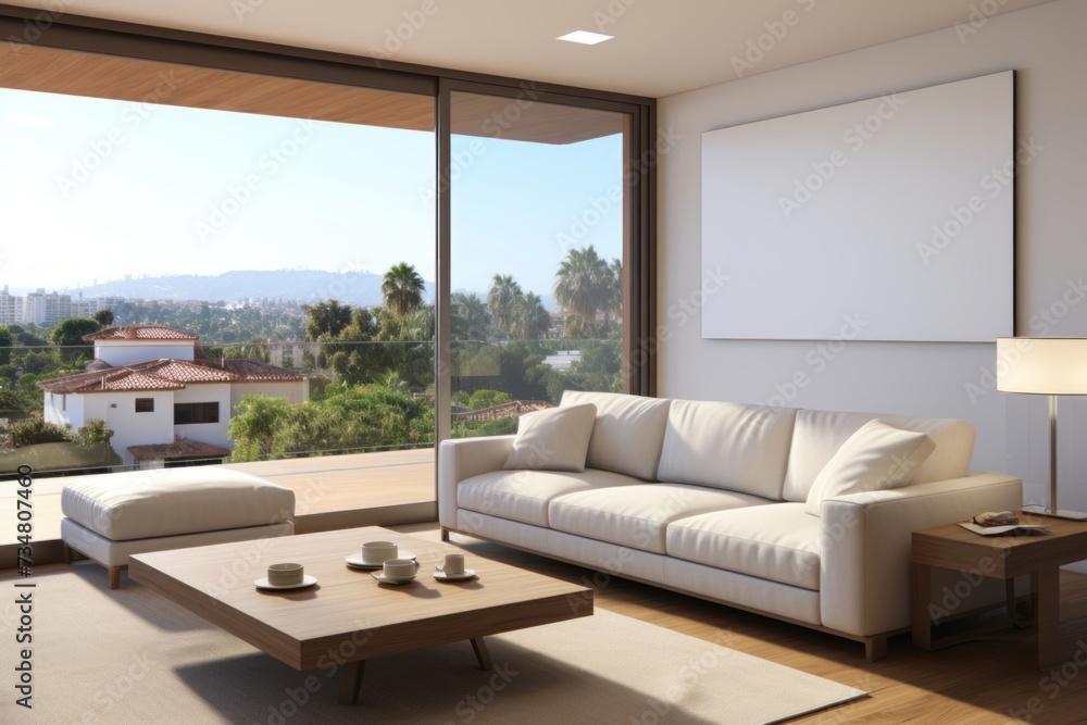 A large canvas mockup positioned on a white wall within a sunlit modern apartment featuring a balcony, creating a contemporary and airy atmosphere for showcasing artistic designs or photographs. A large canvas mockup positioned on a white wall within a sunlit modern apartment featuring a balcony, creating a contemporary and airy atmosphere for showcasing artistic designs or photographs.