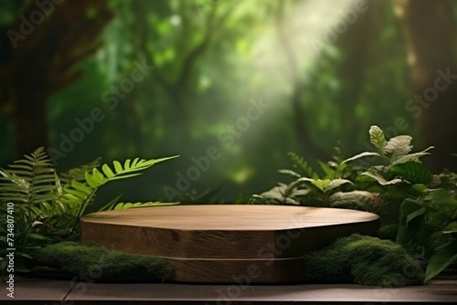 Wood plank and podium in green forest  natural concept cosmetic and product presentation. Generative AI