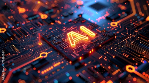 A glowing 'AI' symbol is at the heart of a complex circuit board