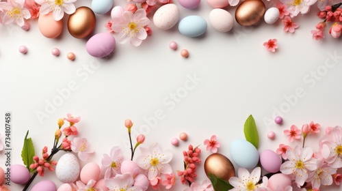 Flat lay frame with easter eggs and spring flowers on white background