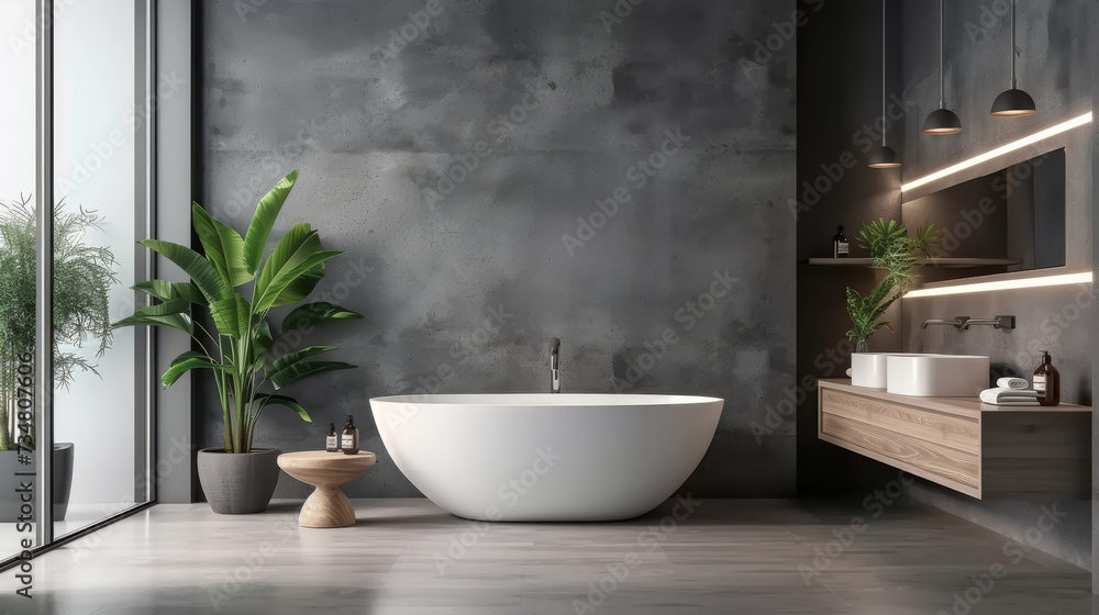 modern bathroom with gray walls and wooden shelves modern bathroom with gray walls and wooden shelves