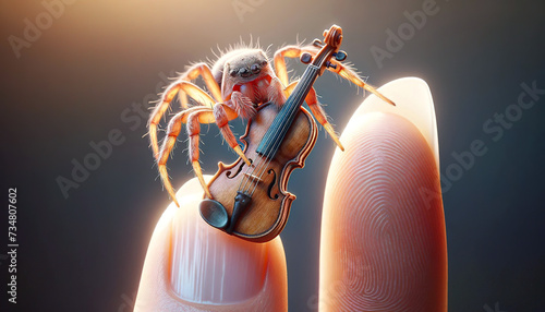 A whimsical image of a spider playing a violin perched on a human finger, showcasing a surreal blend of macro photography and digital art.Digital art concept. AI generat © Czintos Ödön
