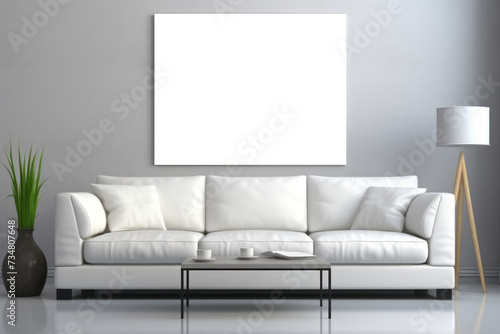 A mockup positioned above a couch within a lounge setting, providing a focal point for viewers to engage with the displayed content comfortably.