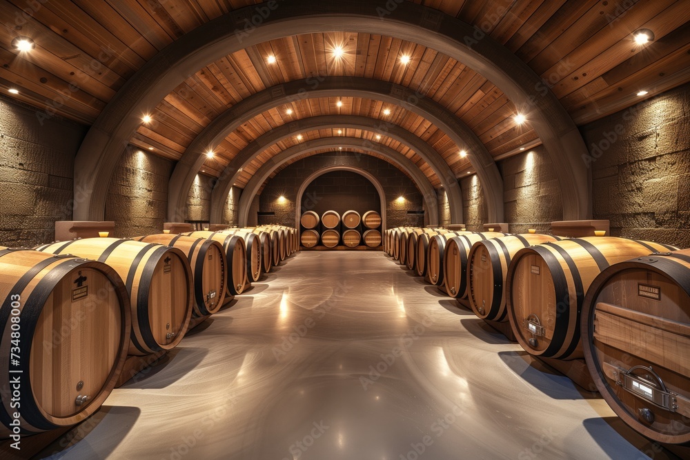 View of Wine Barrels Lined Up in a Traditional Wooden Wine Cellar