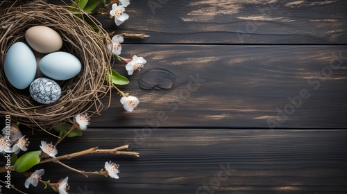Flat lay easter composition with branches and eggs on a wooden background