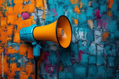 A bright orange megaphone stands out against a colorful graffiti-covered wall, symbolizing urban communication and street art expression. © bluebeat76