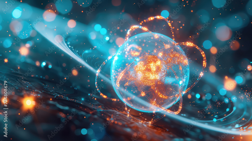 Digital illustration of an atom with electrons orbiting, representing atomic structure and quantum physics in a cosmic background. Digital illustration of an atom with electrons orbiting, representing atomic structure and quantum physics in a cosmic background.