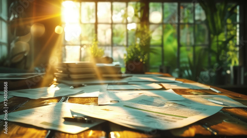  sunbeams light up a table full of papers document chart analysis
