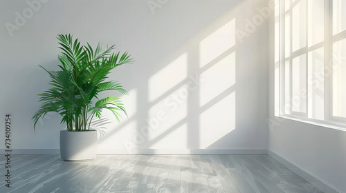 white empty room with shadow window and green plant