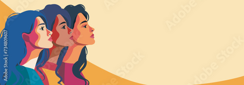 Vector bright banner place for text for International Women's Day, women of different cultures and nationalities stand together. Concept of the movement for gender equality and women's empowerment