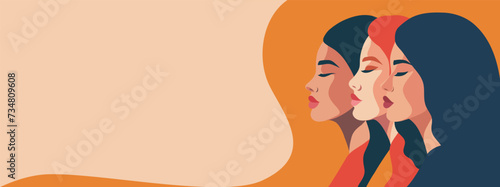 Vector bright banner with place for text for International Women's Day, women of different cultures and nationalities. Concept of the movement for gender equality and women's empowerment