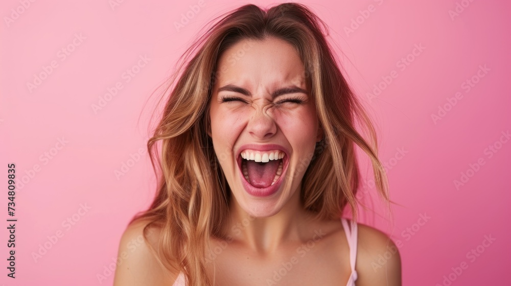 Portrait of young emotional positive happy beautiful woman with sincere emotions wearing casual isolated on pink background with empty space and shouting Portrait of young emotional positive happy beautiful woman with sincere emotions wearing casual isolated on pink background with empty space and shouting
