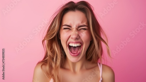 Portrait of young emotional positive happy beautiful woman with sincere emotions wearing casual isolated on pink background with empty space and shouting