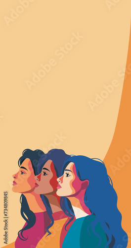 Vector bright vertical banner place for text for International Women's Day, women of different cultures and nationalities. Concept of the movement for gender equality and women's empowerment
