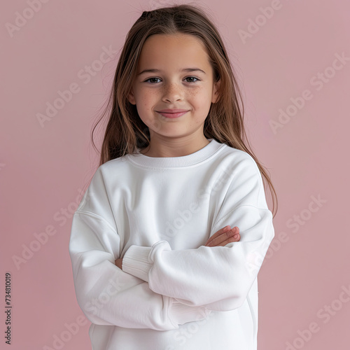 Kid Girl wearing a white sweatshirt Mockup on light pink background cute